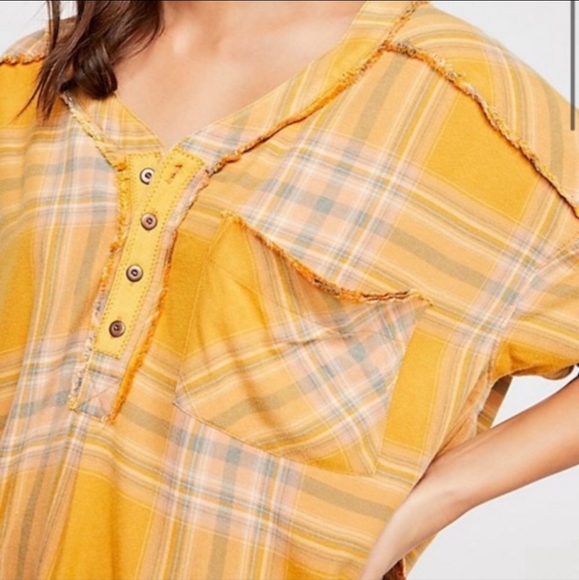 Free People Intimately Mustard Yellow Plaid Raw Hem Tunic - Picture 8 of 8